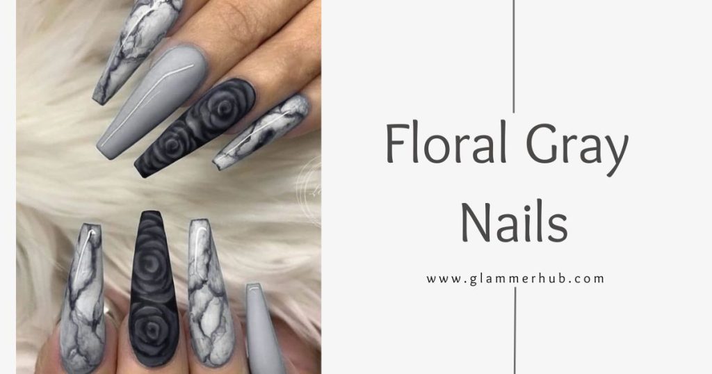 Floral Gray Nails