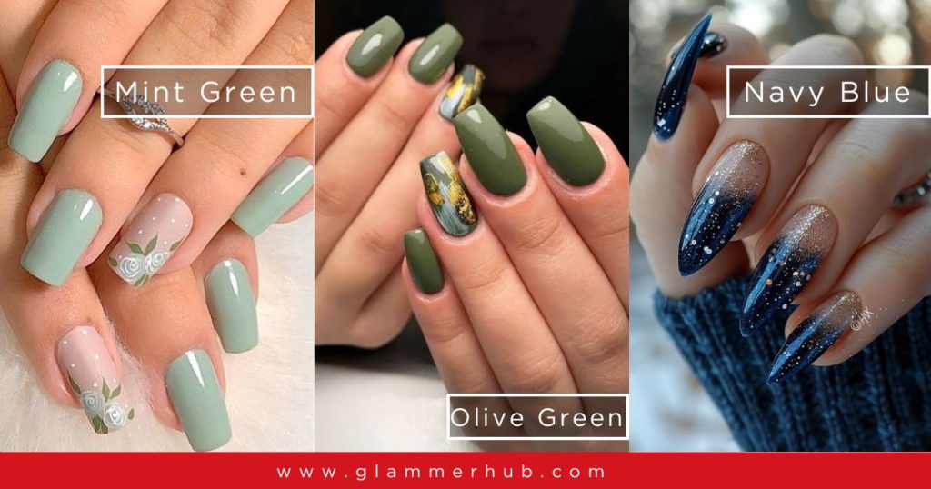 mint green, olive green, navy blus nails