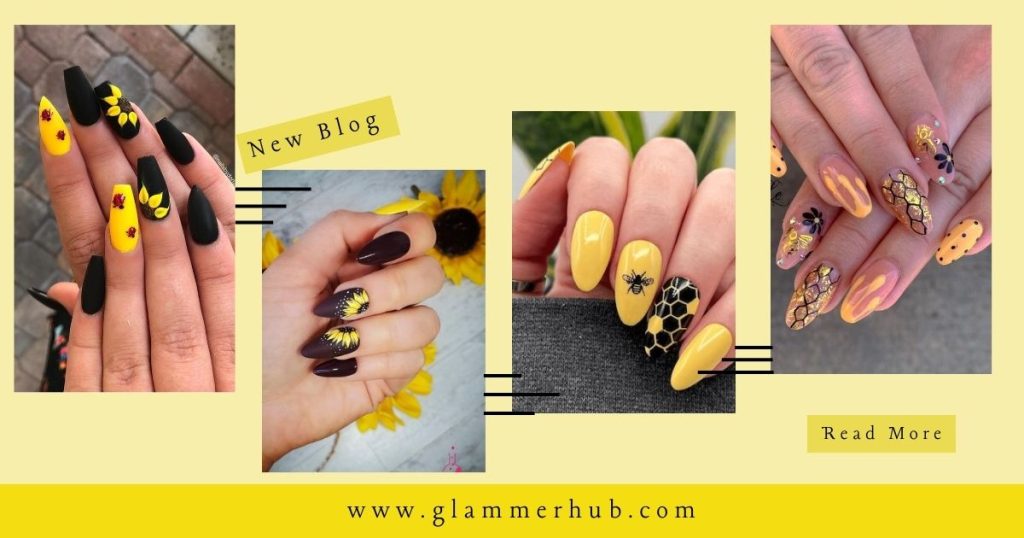 Black and Yellow Sunflower Nails, Honeycomb Yellow Nail Design