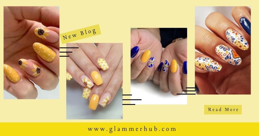 Sunflower and Polka Dot Yellow Nails Yellow and Deep Blue Nails