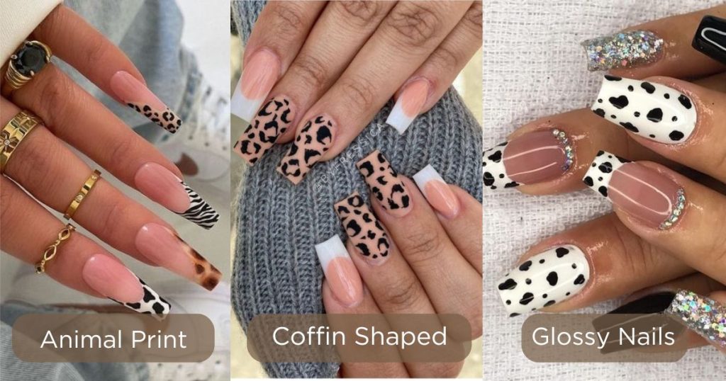 Animal Print Coffin Shaped Glossy Cow Print Nails