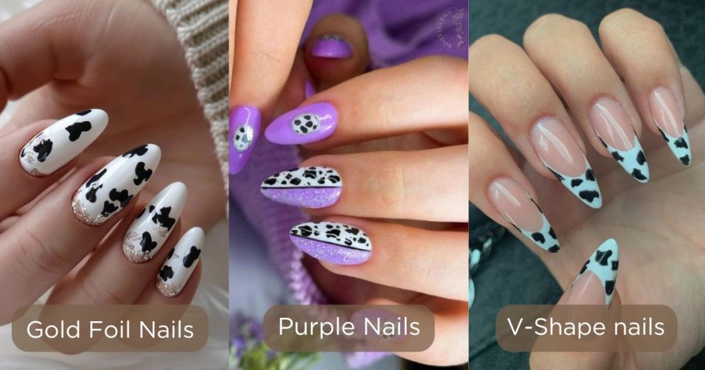 Gold Foil Nails Purple Nails V-Shape Cow Print Nails