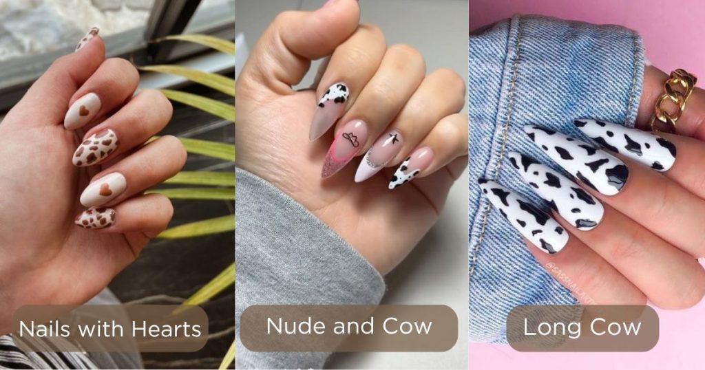 Nails with Hearts Nude and Cow Long Cow