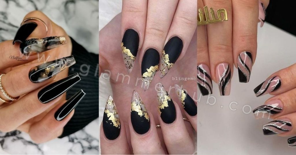 Marble, Gold Foil, Dual-Finish Black French Tips