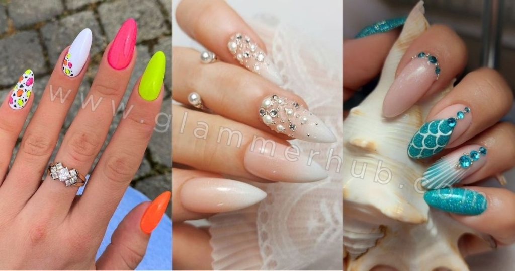 Neon, Pearl, and Mermaid Almond Nails Style