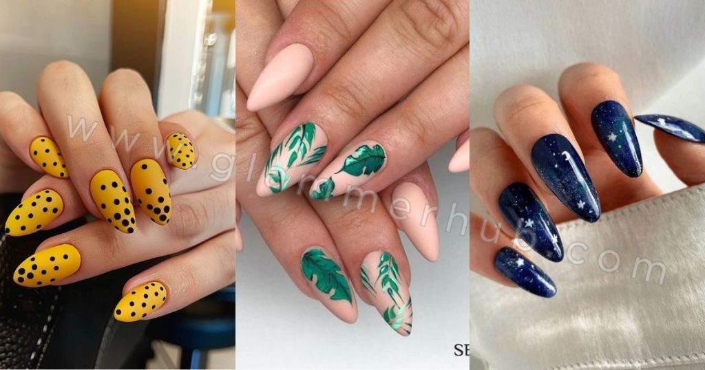 polka dot, Tropical, and Galaxy Almond Nails Style